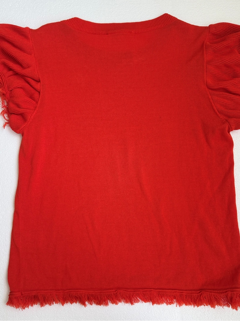 THML Red Knit Crewneck Top with Fringe Trim. Tomato Red. - Picture 2 of 3